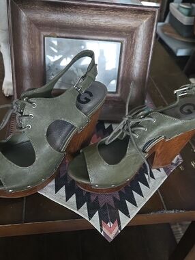 Guess Olive Green Lace-Up Slingback Platform Wedges with Wood-Look Heel